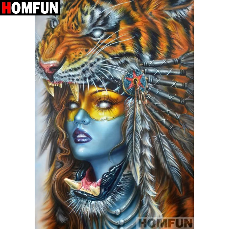 Алмазная 5D Вышивка HOMFUN Тигровая женщина картина из квадратных/круглых страз