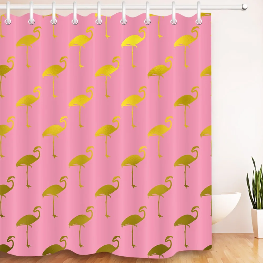 

LB 180*180 Gold Flamingo Pink Shower Curtains Waterproof Polyester Bathroom Curtain Fabric with 12 Hooks for Bathtub Home Decor