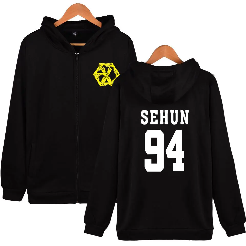 Толстовка с капюшоном EXO черная белая молнией KPOP EXO-M толстовка на молнии большой