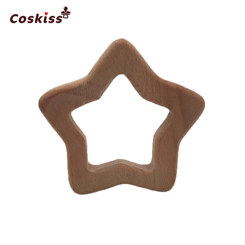 Coskiss 10pcs Handmade Beech Wooden Star Teether Baby Teething Toys DIY Crafts Pendant Chewable Pacifier Chain Accessories