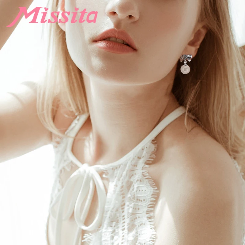 

MISSITA 2019 New Bowknot Pearl Earrings for Women Silver Color Jewelry Brand Wedding Stud Earrings HOT SELL Gift