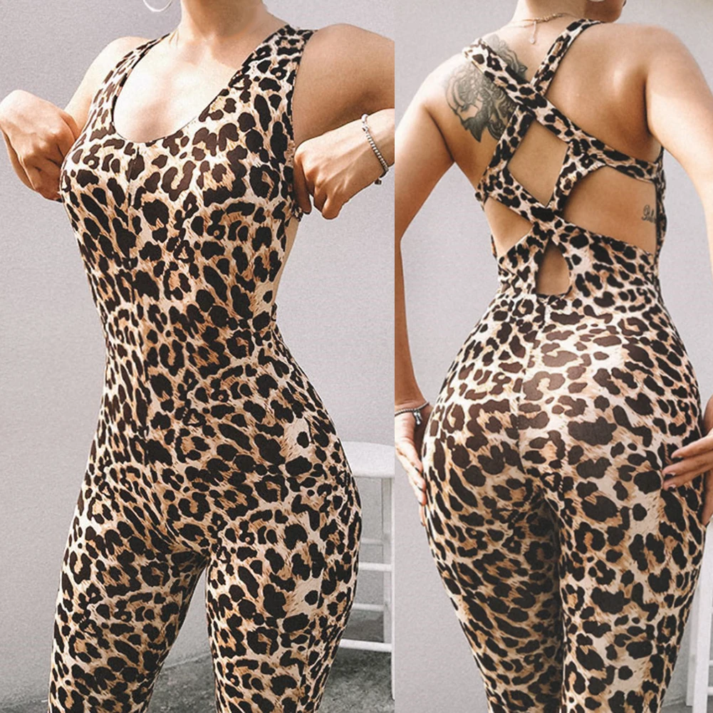 

Hollow Cross Backless Leopard Jumpsuit Sexy Fitness Sporting Bodysuit Summer Fashion Skinny Rompers Womens Jumpsuit Hot Sale