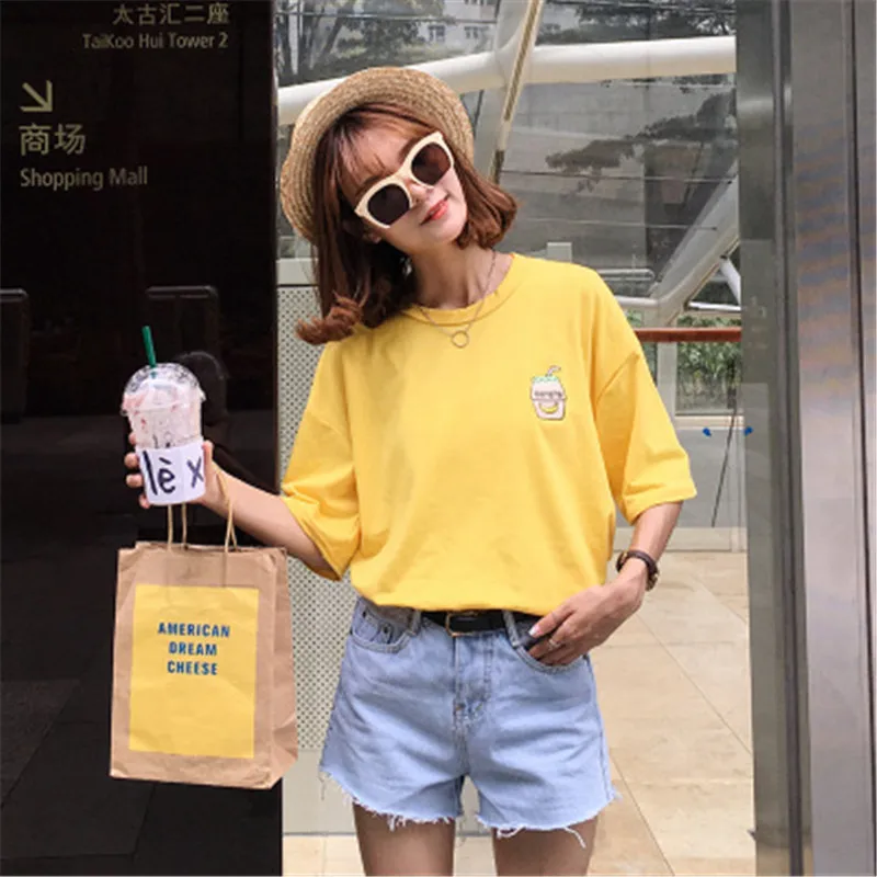 Harajuku 2019 NEW Casual Women T-shirts Summer Korean Loose Cartoon Milk Bottle Embroidery Tops Tees Kawaii Female Clothing | Женская