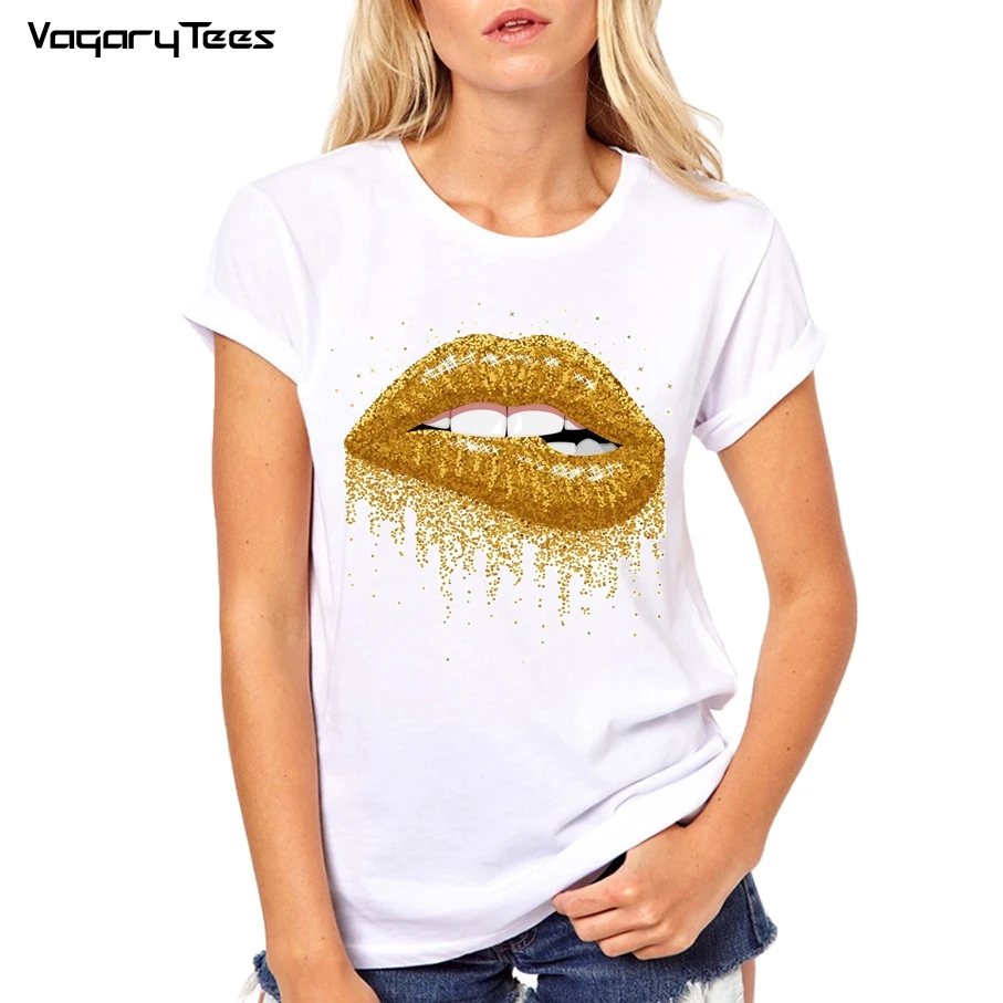 

Newest women Tops Gold Mouth Yellow sexy Lip Print T Shirts Base O-Neck Short Sleeve Women Tshirt All-match White Tshirt