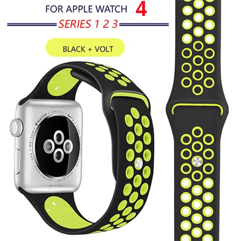 Black and volt Мягкий силиконовый спортивный ремешок для apple watch, 38 мм, серия 3, 4, 42 мм, браслет на запястье, ремешок для apple watch, серия 1, 2, ремешок, 44 мм, 40 мм - Цвет ремешка: Black and volt
