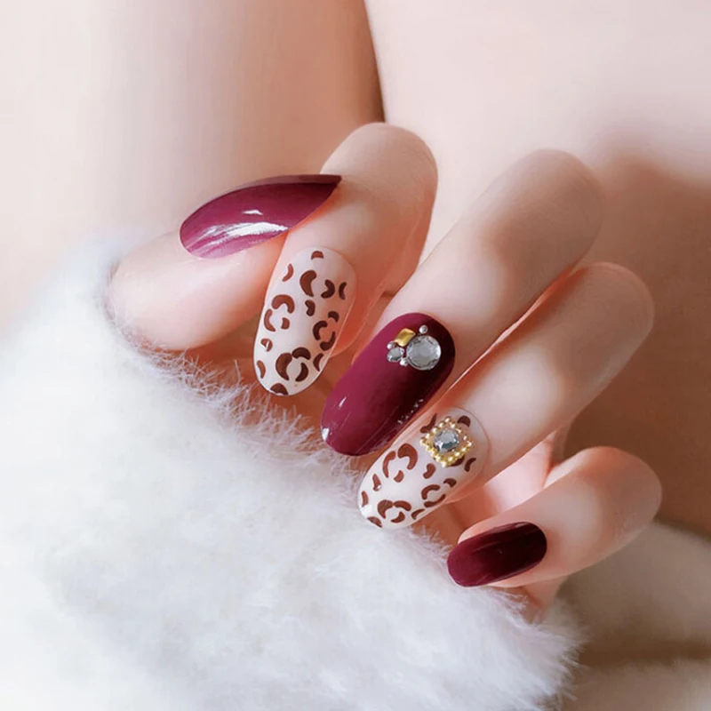 24 шт Блестящий дизайн со стразами поддельные ногти темно-красные длинные Круглые