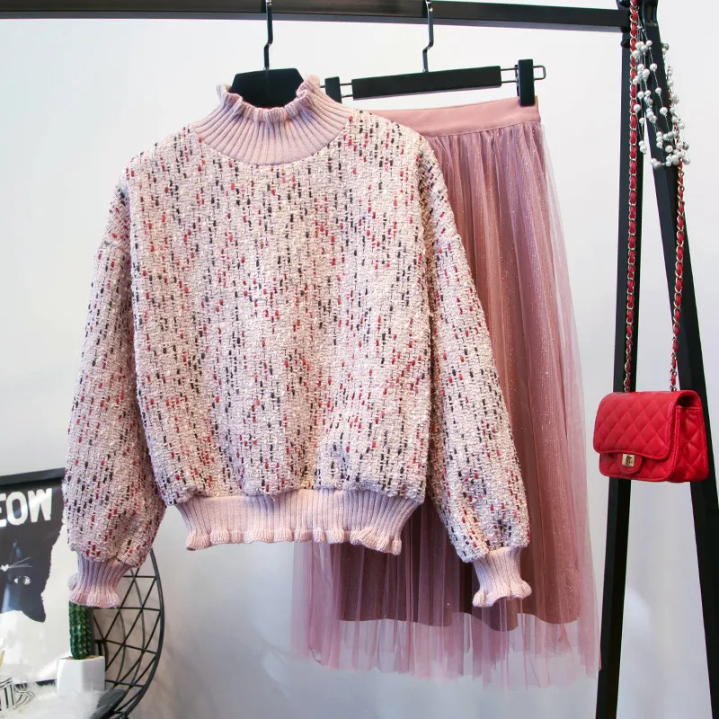 Модные женские осенне-зимние костюмы из 2 предметов: свитер с высоким воротником