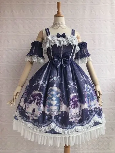 Dark Blue Unicorn's Secret Garden~ сладкий Печатный Лолита JSK платье w. Съемные рукава от Yiliya - Цвет: Dark Blue