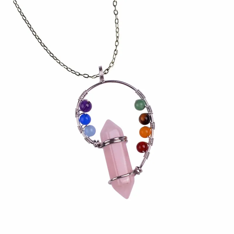 Pink Quartz 7 Chakra Stone Necklaces Women Beads Opal Blue Goldstone Lapis Lazuli Reiki Crystal Pendant Necklace| |