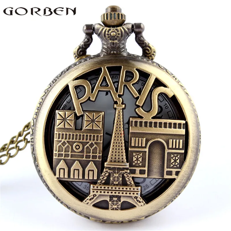 

France Paris Eiffel Tower Triumphal Arch Souvenir Hollow Quartz Pocket Watch Bronze Women Exquisite Gift Pendant Famous Building
