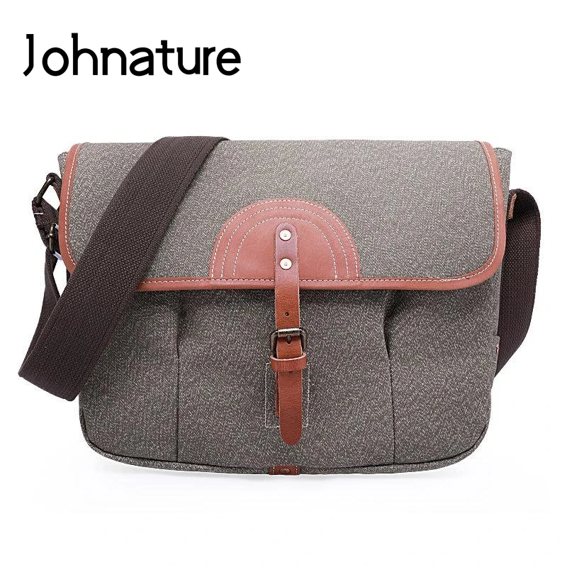 

Мужская винтажная сумка с открытым карманом Johnature, однотонная вместительная холщовая сумка-мессенджер через плечо, с застежкой, для отдыха, ...