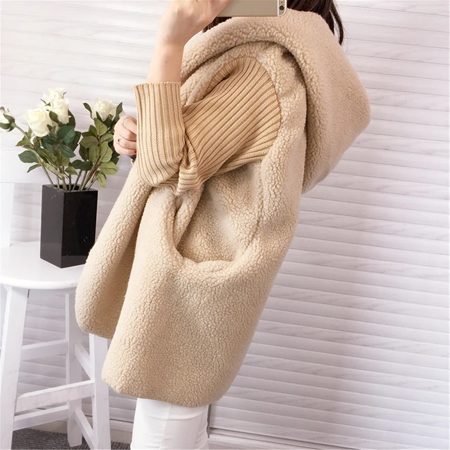 Women Fashion Sweater Cardigan Long Paragraph Lamb Hair Thick Loose Hooded Jacket Solid Color Winter Warm Wild Coat Best Gifts |