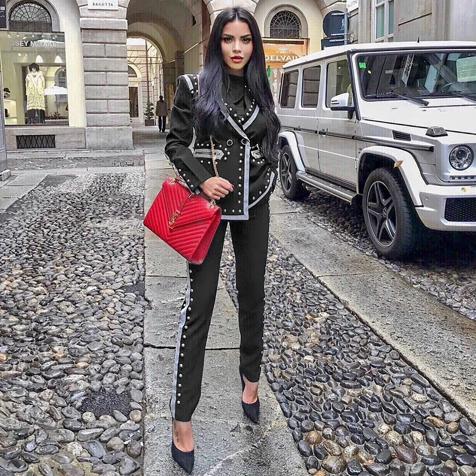 Зимний черный женский костюм из двух предметов с длинным рукавом и V образным
