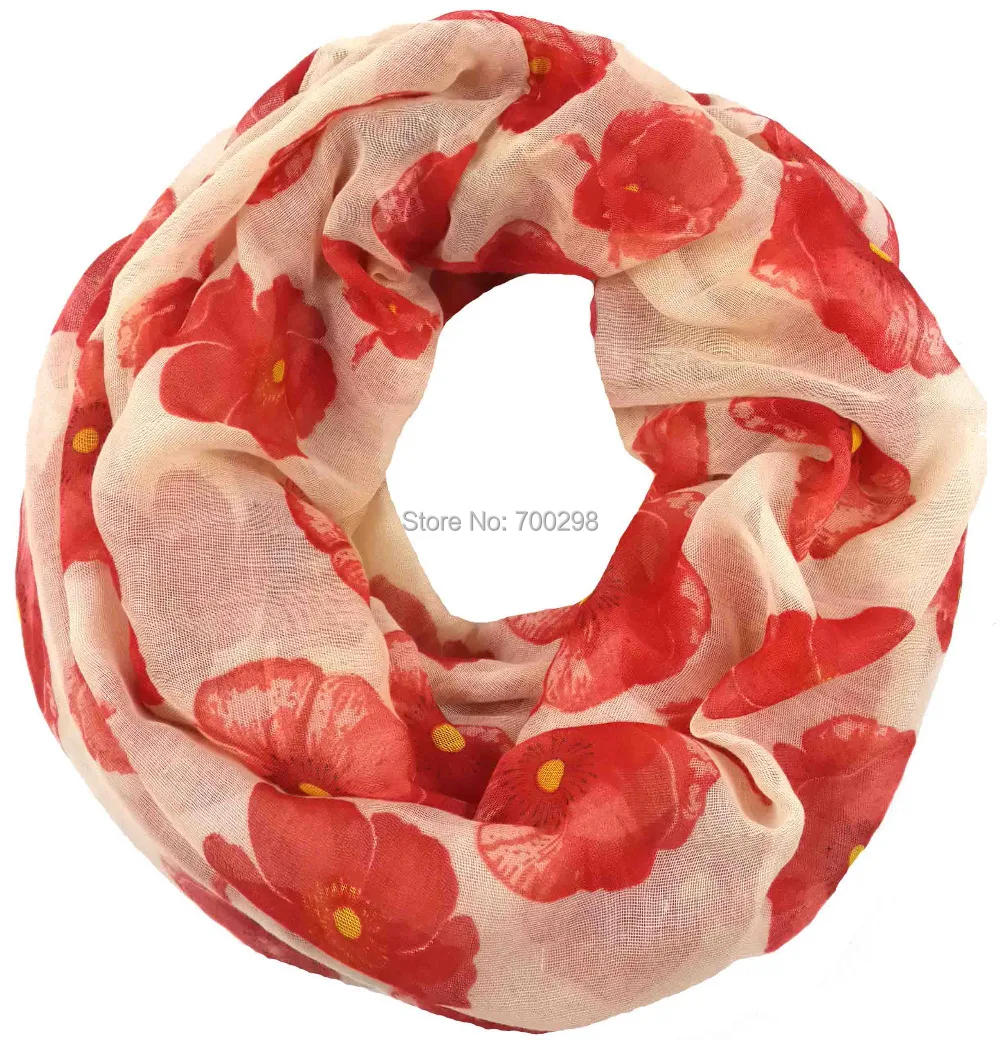 Женский шарф-петля с красным маком и цветочным принтом |