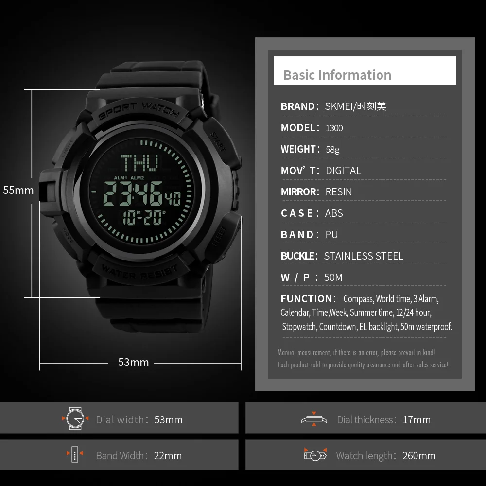 

SKMEI Sport Compass Watch Men Digital Outdoor Wristwatches Mens Outdown Stopwatch Alarm Clock Watches montre homme 1300