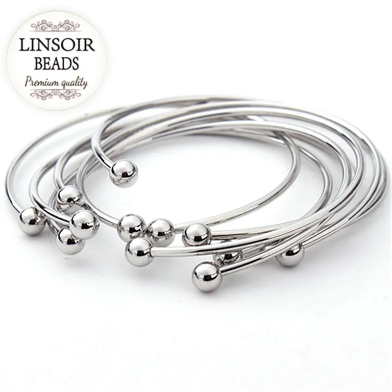 5pcs/lot European Silver Color Adjustable Cuff Open Bangles for Women Expandable Wire Bangles Bracelets With Bead Charms F2012