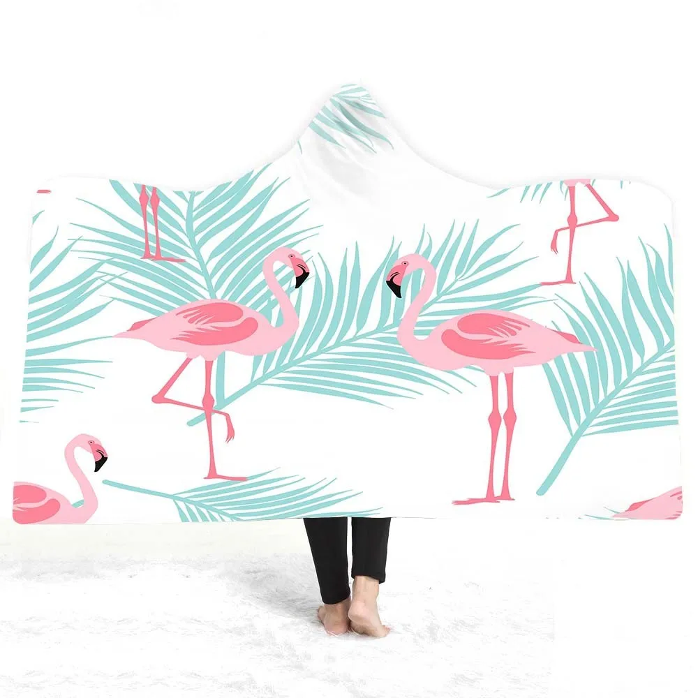 Tropical Plant Flamingo Hooded Blanket Sherpa Fleece Ocean Blue Wearable Plush Throw On Bed Sofa Thick Warm Home Textile | Дом и сад
