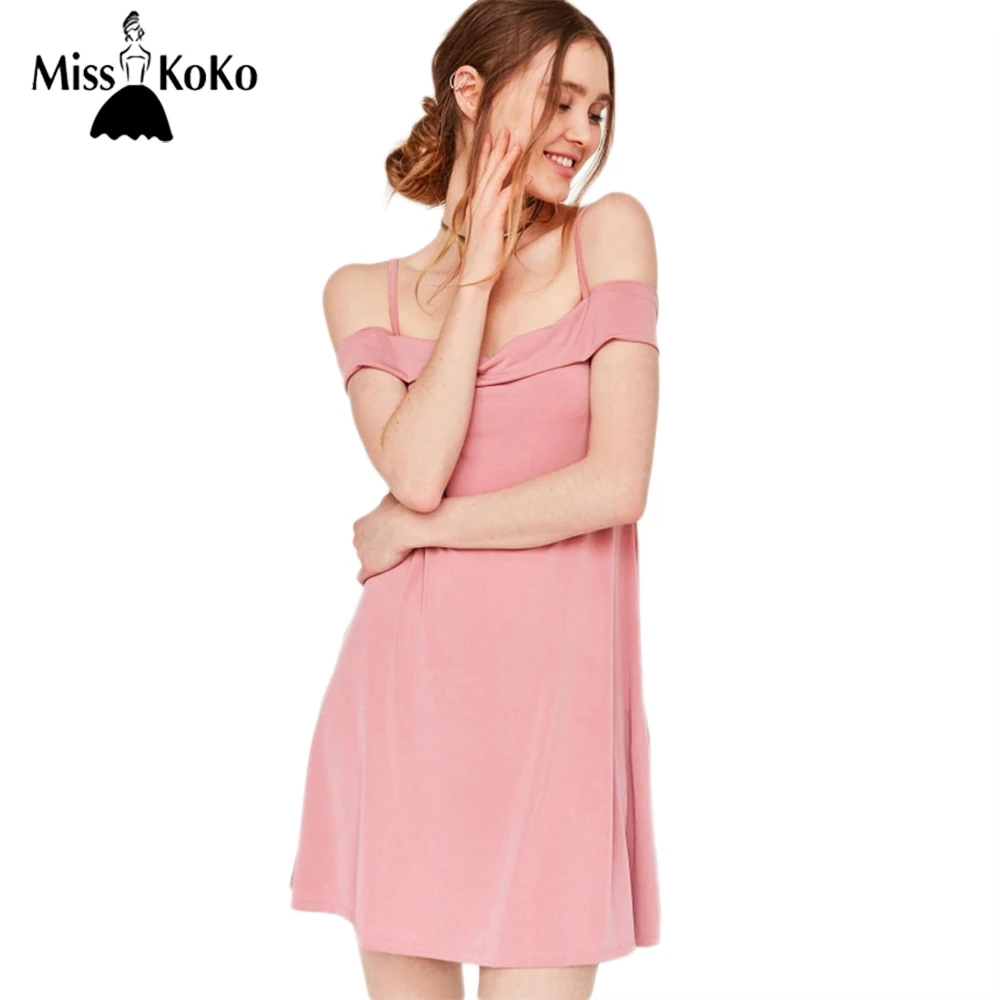 MissKoKo Твердые Розовый Женщины Dress Спагетти Ремень Slash Шеи Без Рукавов Краткие Vestidos