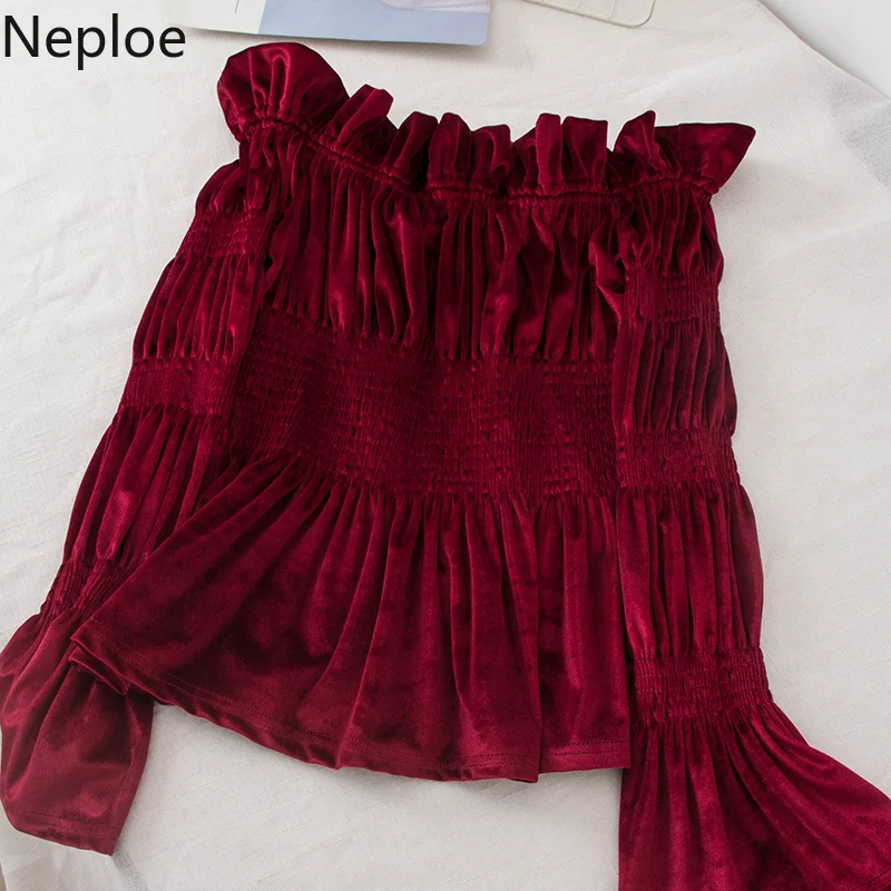 Neploe, однотонная плиссированная женская блузка, Новое поступление, рубашки с расклешенными рукавами и вырезом, модные оборки, один размер, Осенние Топы 44715