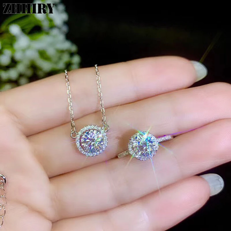 ZHHIRY Подлинная Moissanite 925 стерлингового серебра ювелирные наборы для женщин 1ct 6,5 мм D VVS1 с сертификатом ювелирные изделия