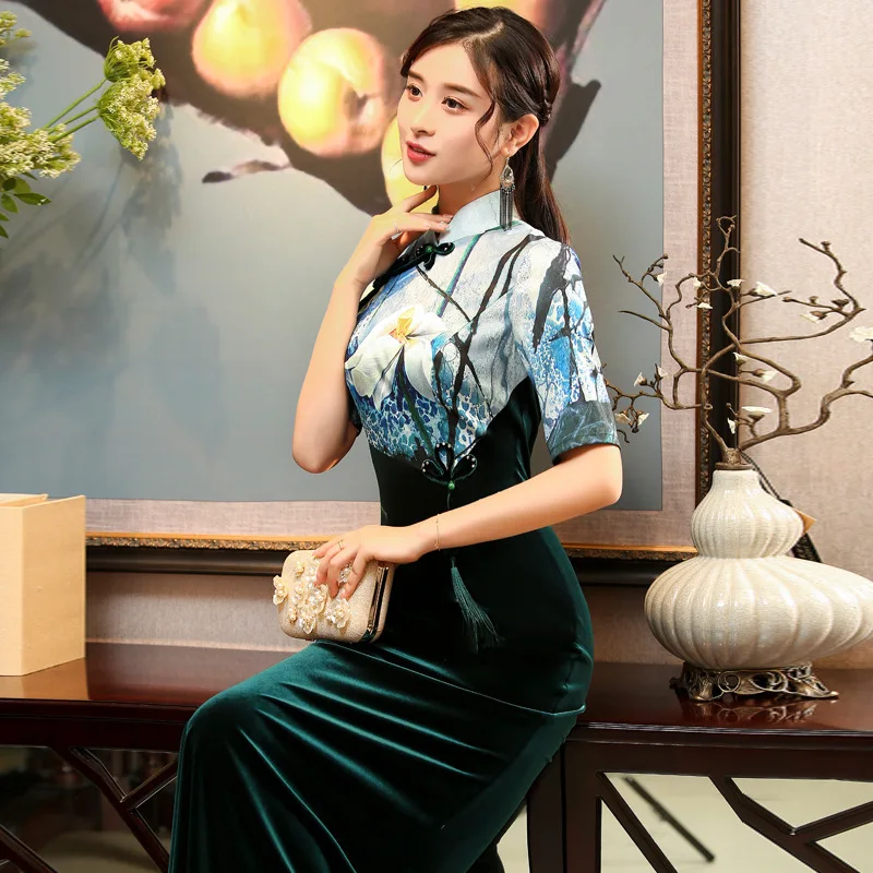 Зима бархат печати стрейч Cheongsam Сексуальная китайская женская традиционная длинная Восточный стиль платья современные Qipao зеленый Qi Pao - Цвет: green