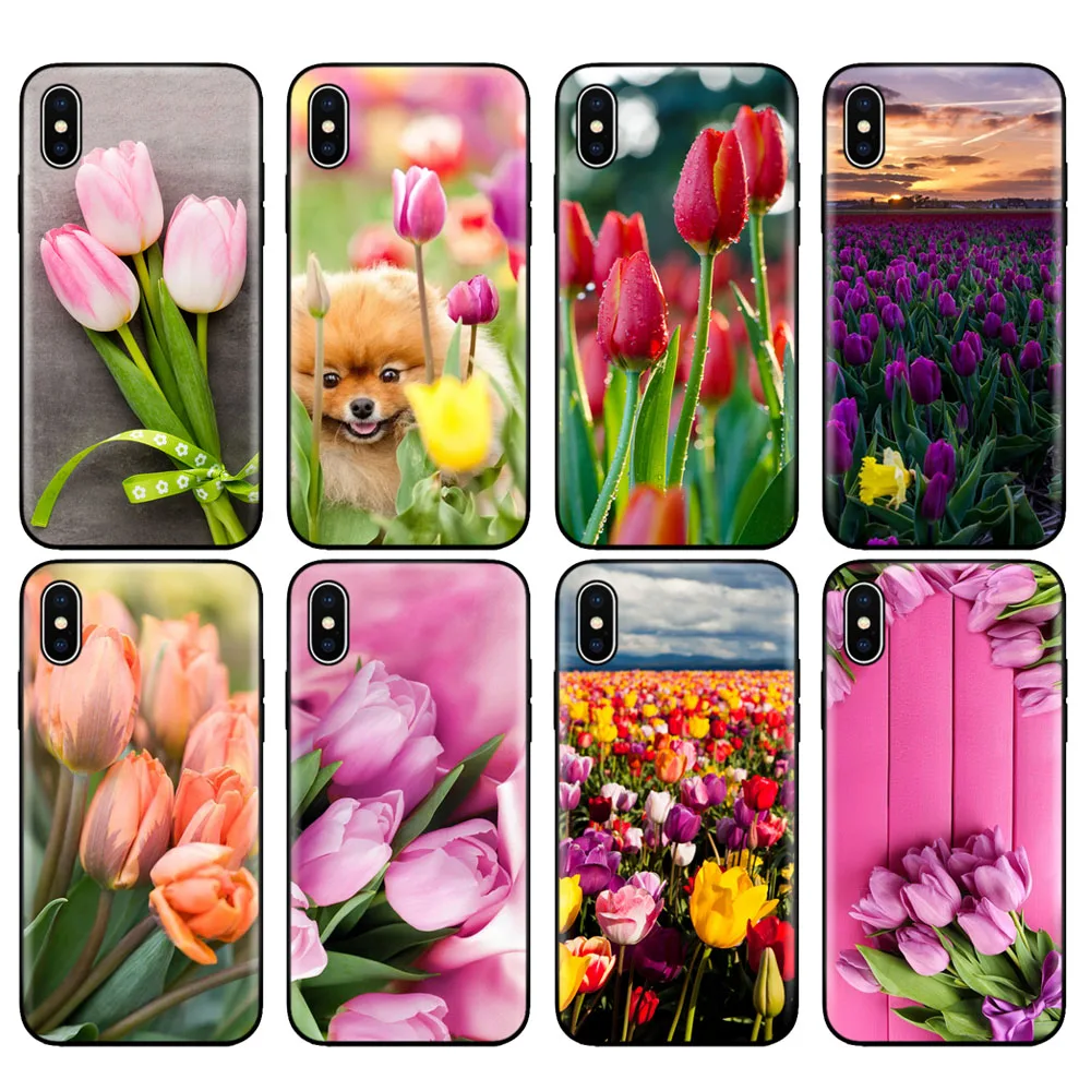 Черный ТПУ чехол для iphone 5 5s se 6 6s 7 8 plus x 10 силиконовый XR XS 11 pro MAX тюльпаны цветок