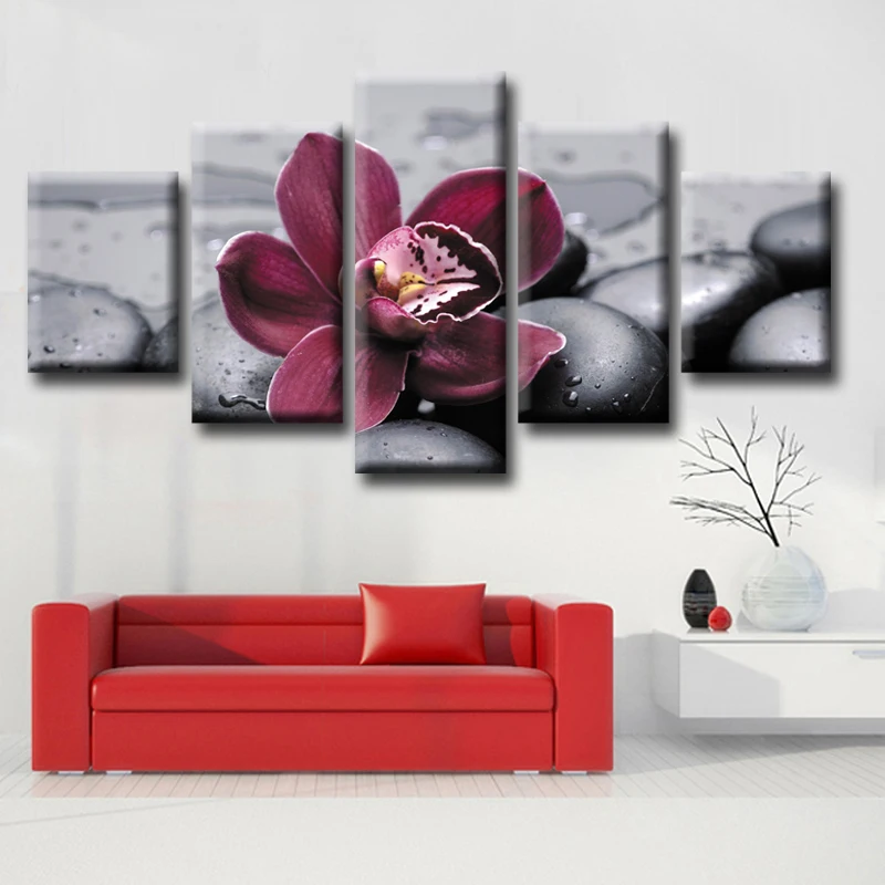 Картина с рамкой из 5 предметов холст фиолетовым камнем и цветами художественная