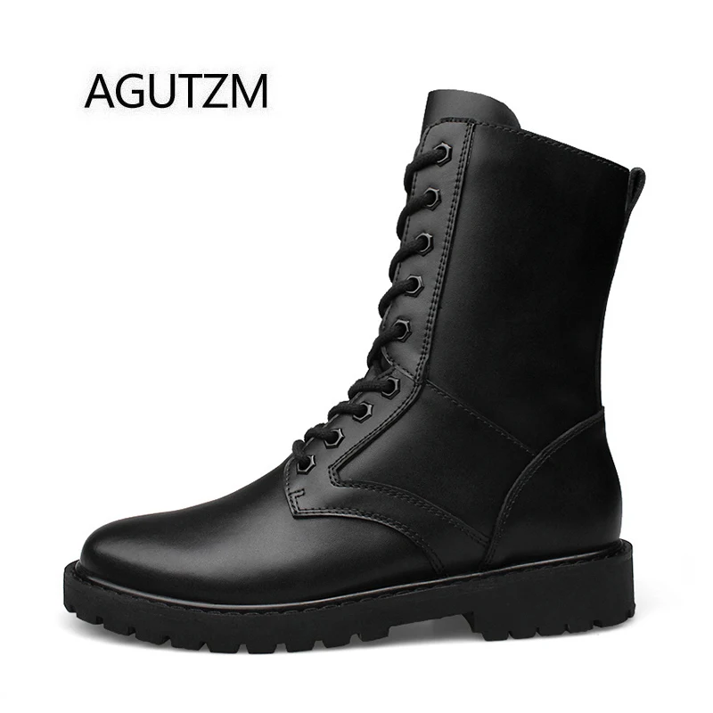 AGUTZM L5858 черный модные высокие на шнуровке из натуральной кожи нескользящая резиновая подошва Для мужчин; армейские ботинки с плюшем размеры: 35-52