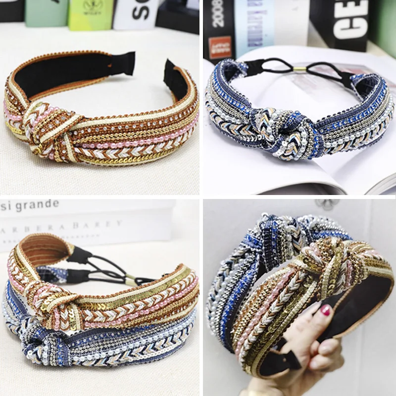 Ободок для волос женский Плетеный обруч с центральным узлом и жемчугом в