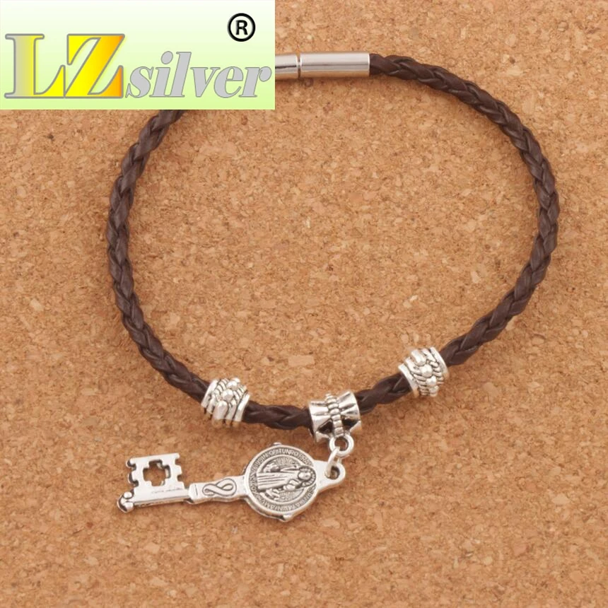 

Saint Benedict Medal Cross Key Leather Wrap Woven Bracelet Plated Clip Clasp Wristband Christmas European Bangle 8" BB59