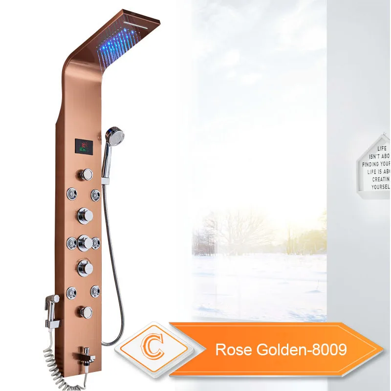 Rose Gold 8009 Золотая душевая панель водопад дождь Душевая Колонка настенный светодиодный светильник ванная душевая система поворотный массажный распылитель биде - Цвет: Rose Gold 8009