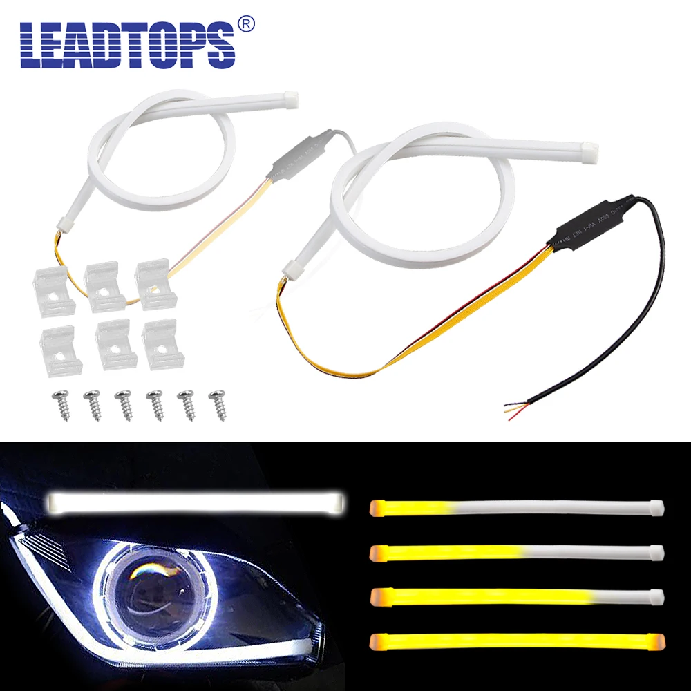 

2pcs 60cm Silicagel LED DRL Turn Signal Lights Fexible Daytime Running Lights 12V COB External Car -Stying White To Yellow BH