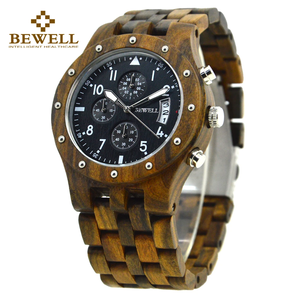 

BEWELL 2018 Full Sandalwood Wrist Watches Design Man Clock Top Luxury Brand Quartz Chronograph Calender Relogio Masculino 109D