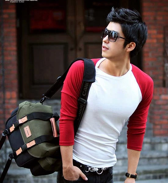 

Male red and white color block slim o-neck long-sleeve T-shirt basic shirt male tight-fitting low collar t shirt