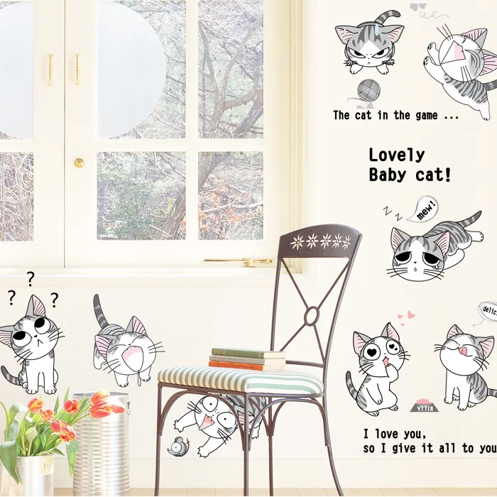Мультяшная Наклейка на стену с милым котом для детской комнаты декоративные