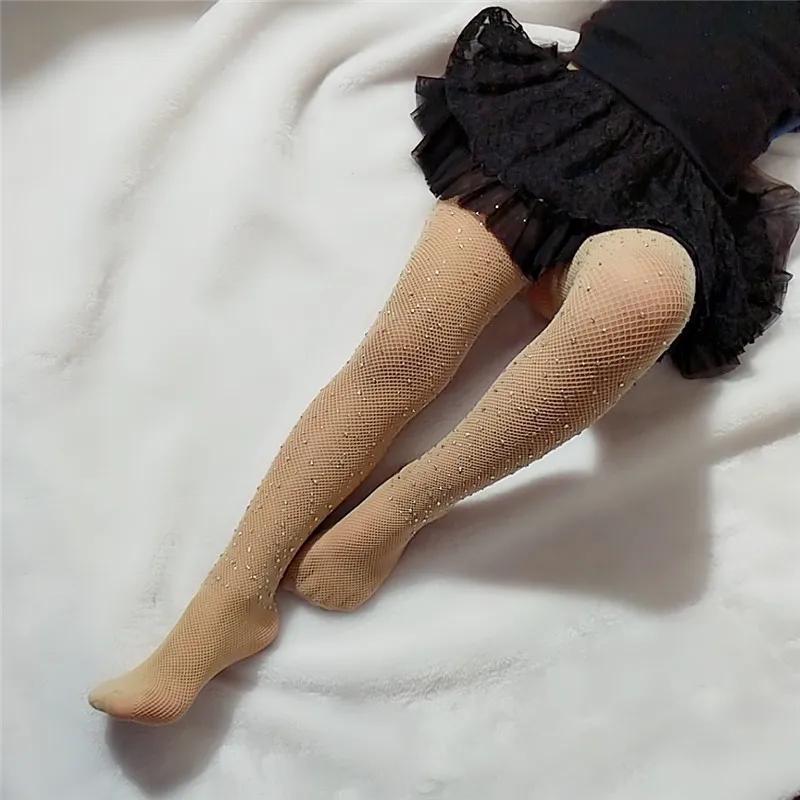 Toddler Girls Fashion Fishnet Hollow Bling Tights Children Stretch Elastic Mesh Crystals Tights Girl Stockings Solid Pantyhose