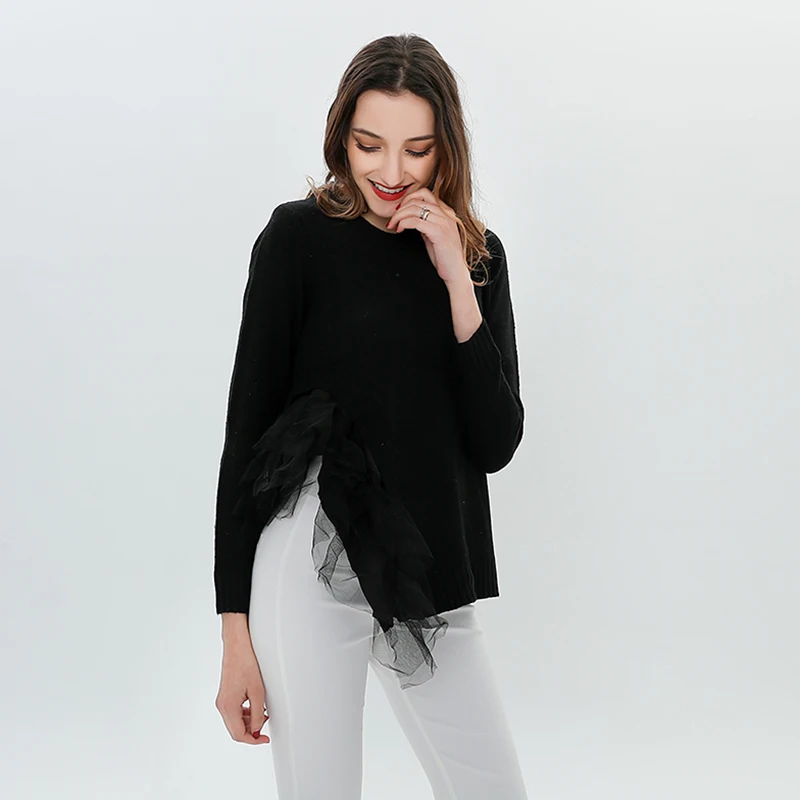 TWOTWINSTYLE Patchwork Mesh Ruffle Sweater For Women Knitted Pullover Female Jumper Black Knitting Tops Large Size Clothing 2020 | Женская