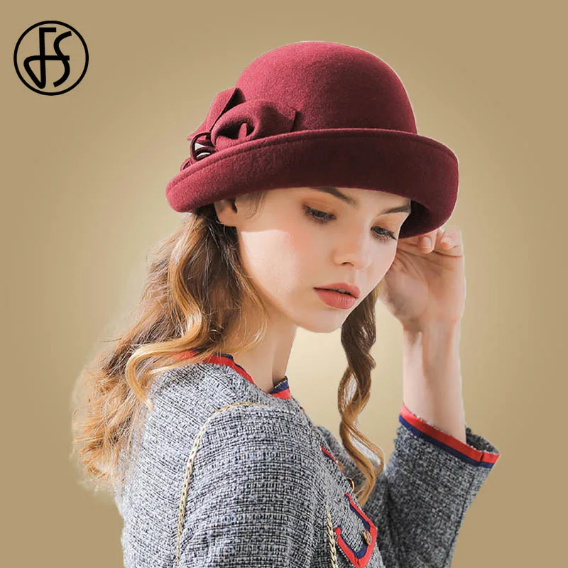 Wine Red Wool Hat FS элегантная шерстяная фетровая шляпа с широкими полями для женщин, Цветочная дамская шляпа-котелок, черная винтажная зимняя церковная флоппи-шляпа - Цвет: Wine Red Wool Hat