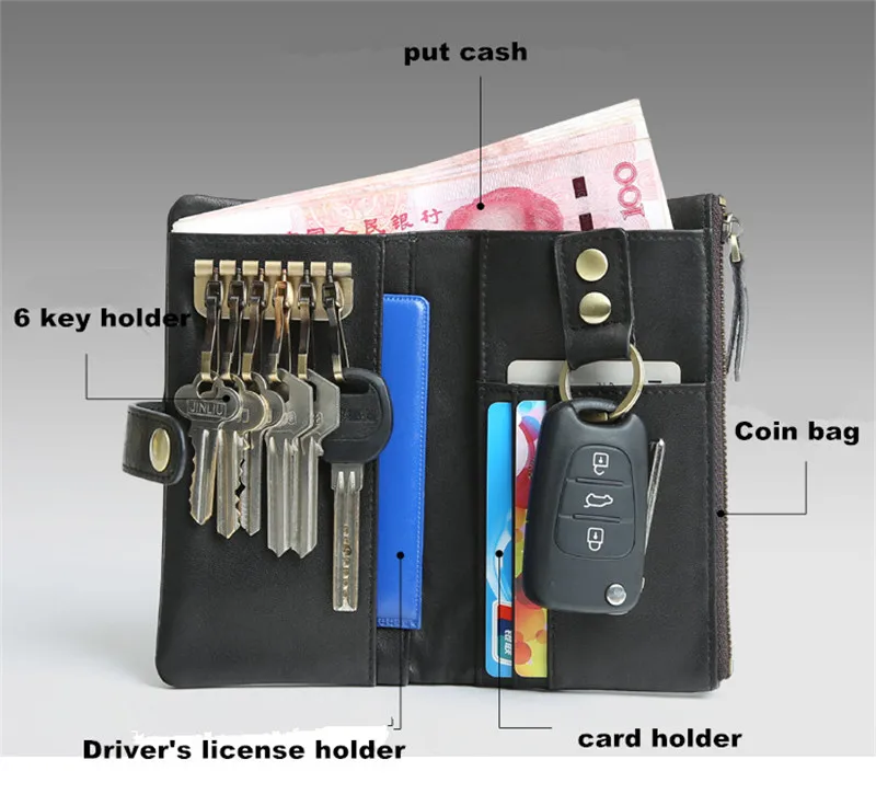 Пролитая кожа мужской бумажник для ключей большой емкости из воловьей кожи ID держатель для карт на молнии многофункциональный автомобильный брелок чехол для подарков