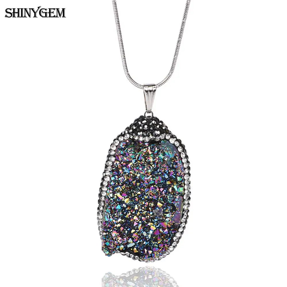 ShinyGem, большое ожерелье из друзы, кубический циркон, нестандартный минеральный кристалл, ожерелье с подвеской, бразильское ожерелье друзы, s для женщин - Окраска металла: Rainbow