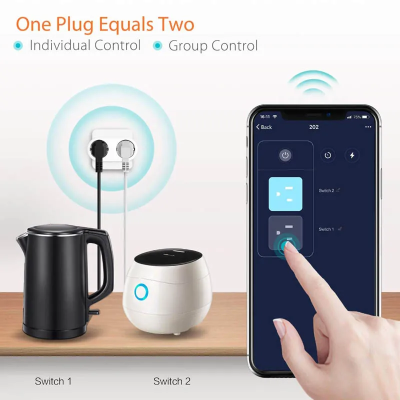 16A 2300 Вт 50 Гц WiFi смарт Мощность ЕС Стабилизатор напряжения с 2 розетка Smart Home