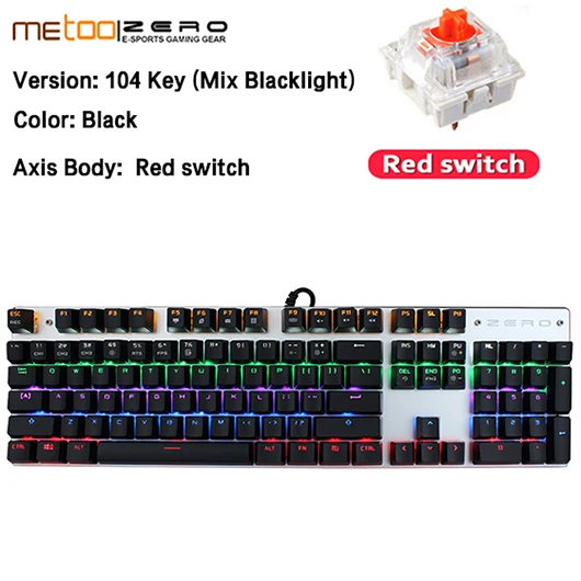 104 Black Red Switch Игровая клавиатура Metoo ZERO, Проводная Механическая клавиатура, синий/черный/красный светодиодный переключатель с подсветкой, без коллизий, N key rolllover 87 104 клавиш - Цвет: 104 Black Red Switch