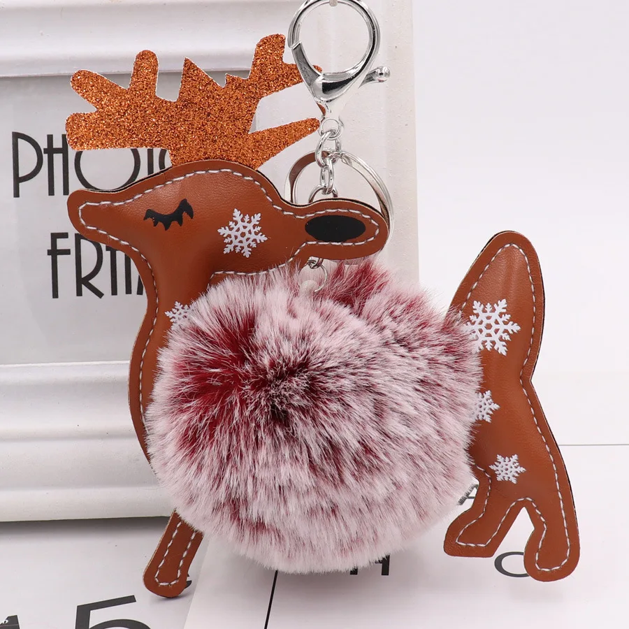 1PCS Christmas Elk Plush Ball Keychains Keyring Bag Purse Handbag Pendant Christmas Gift for New Year Xmas Dinner Party