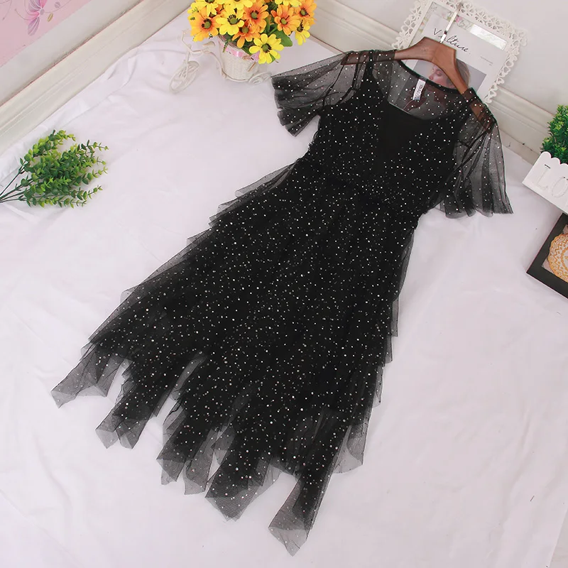 Женское Сетчатое плиссированное платье миди эластичное асимметричное из тюля с