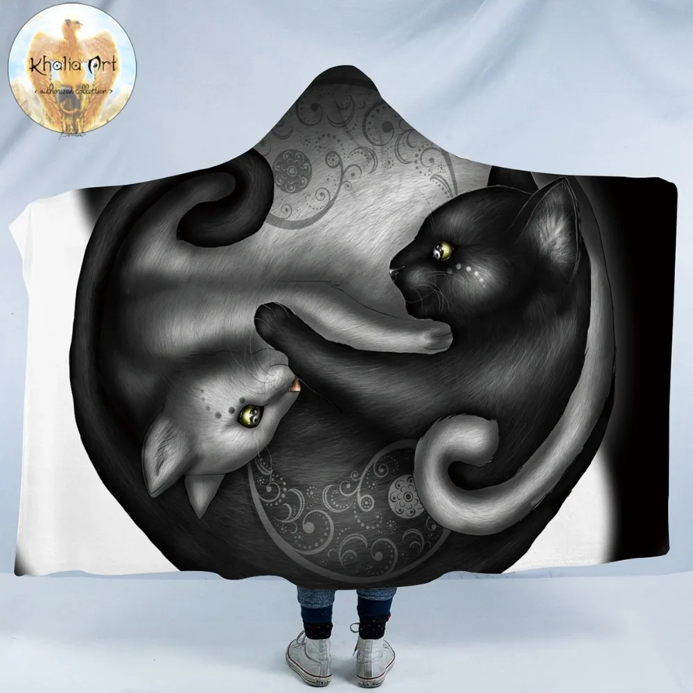 Флисовое одеяло с капюшоном Yinyang Cat Morning от KhaliaArt принтом пейсли черное белое тайчи