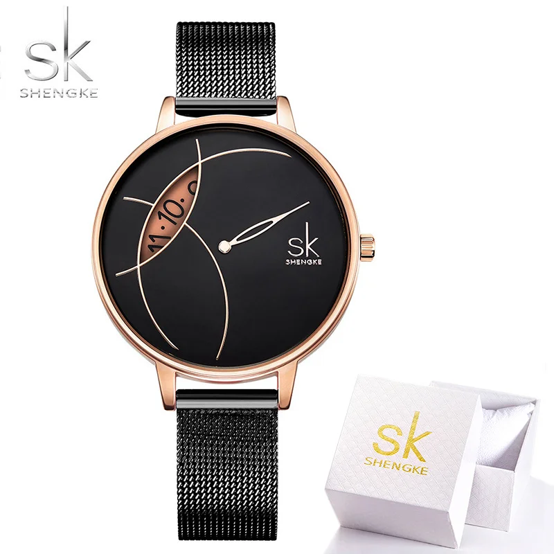 black with box SHENGKE, новинка, женские часы, кварцевые, женские часы, серебристый, черный, с сетчатым ремешком, модные, повседневные, креативный дизайн, подружка, Reloj Mujer - Цвет: black with box