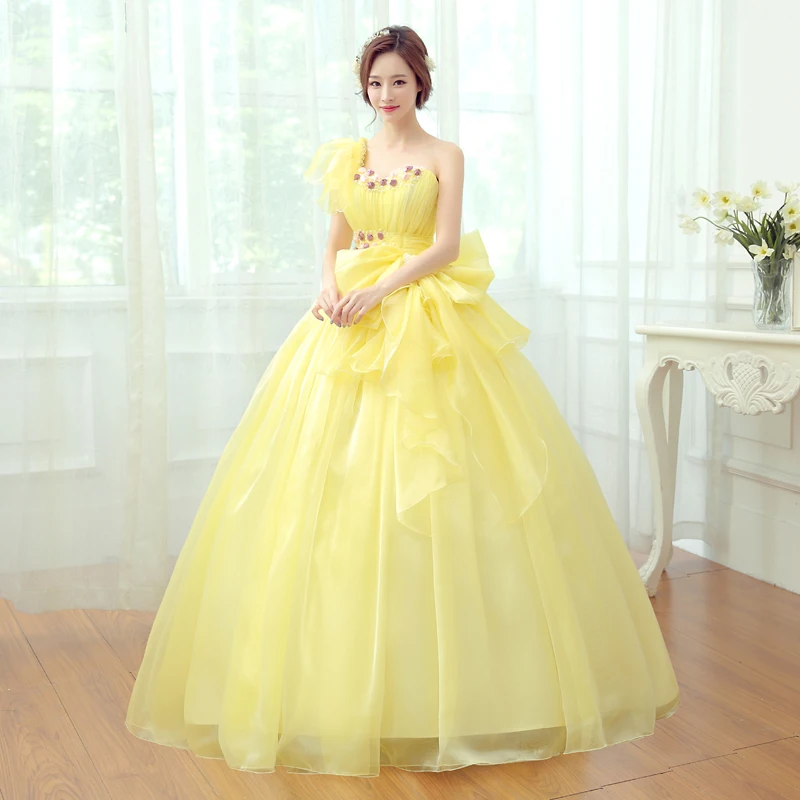 Новый 2016 Желтый Без Бретелек Одно Плечо Цветы Аппликации Соло Этапе