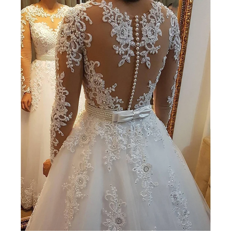 Lakeydra White A-Line Wedding Dresses Tulle vestidos de noiva Boat Neck Bead with Applique Long Sleeve Plus Size Bridal Gowns | Свадьбы и