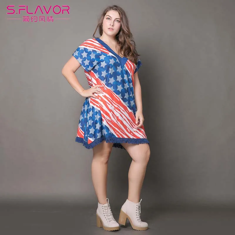 S. FLAVOR женское летнее платье больших размеров свободное мини размера плюс с v