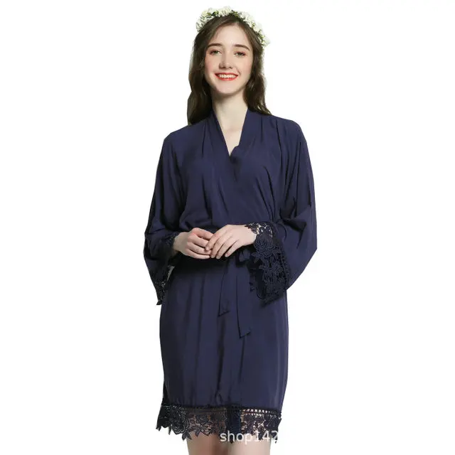 navyblue Свадебное однотонное хлопковое кимоно для невесты, халаты с кружевной отделкой, женское свадебное платье, короткий пояс, домашний халат банный Халат - Цвет: navyblue